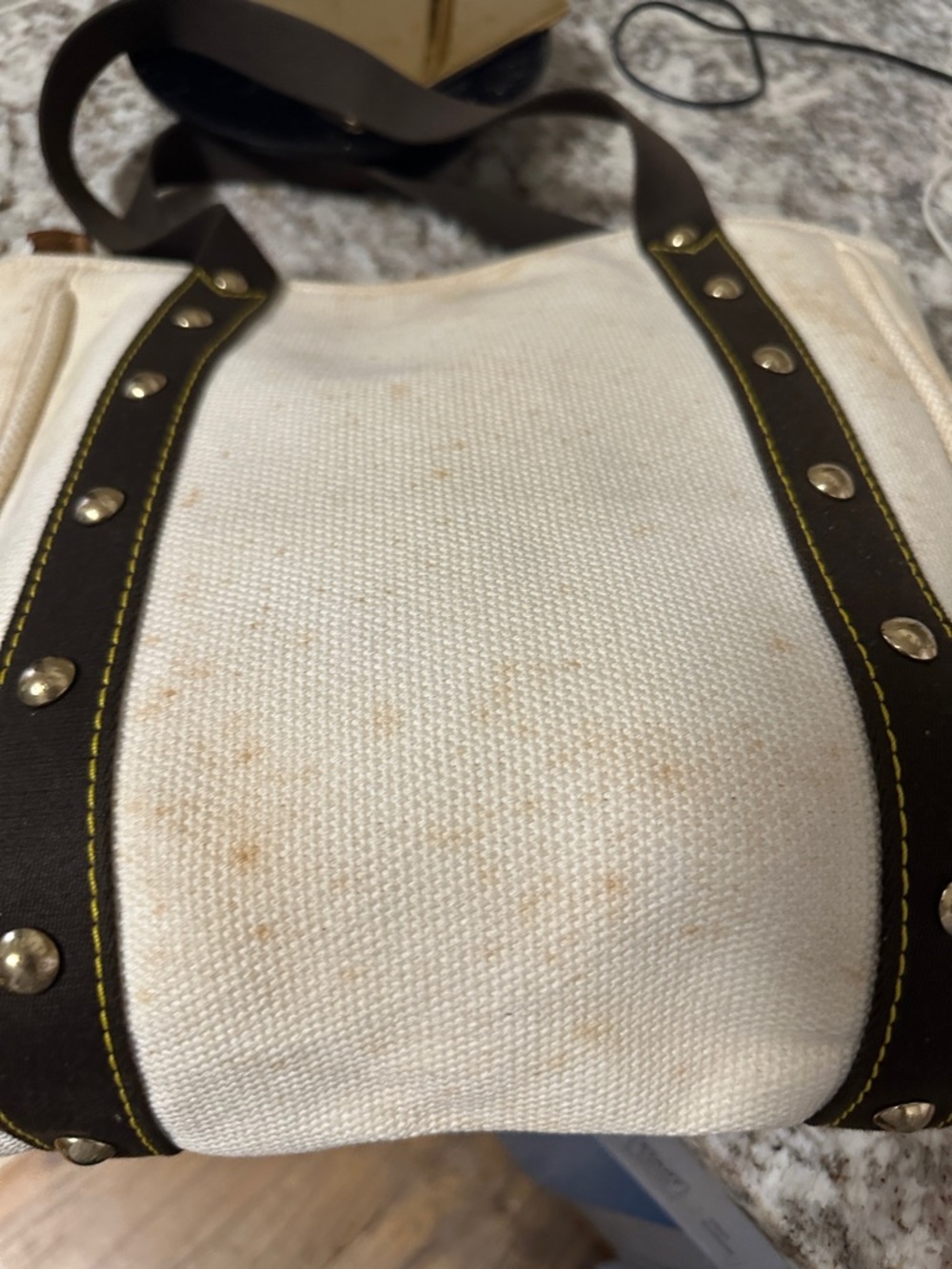 Louis Vuitton Cream Canvas Tote with Dark Brown Straps and Gold Plaque PRE-OWNED - Picture 16 of 17